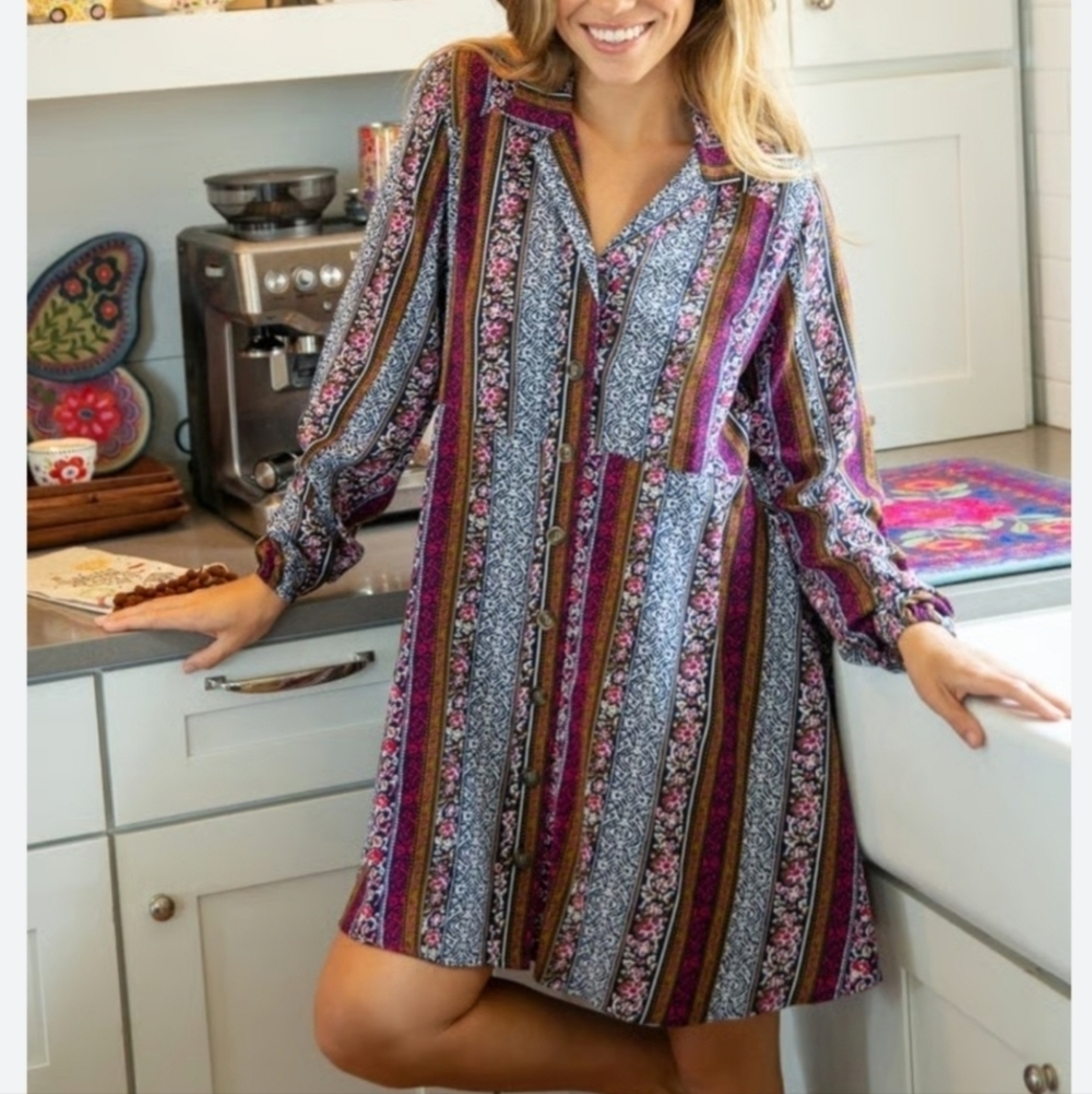 Natural Life Nwot Ansley Boho Long Sleeves Shirt Dress Floral Multi Printed XS
